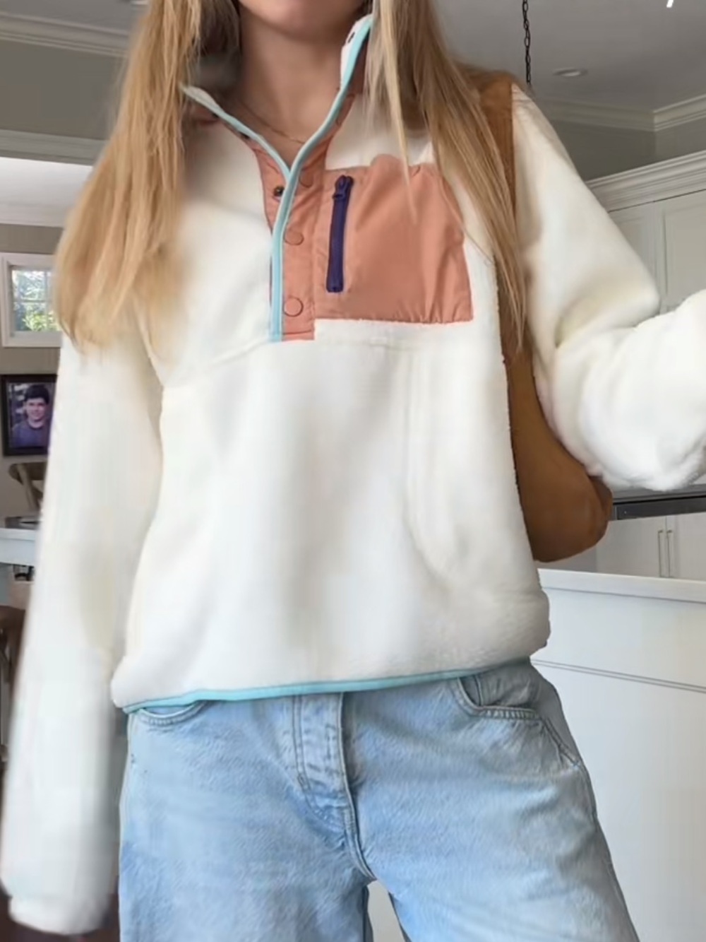 Cream Sherpa Fleece Pullover with Tan Chest Pocket
